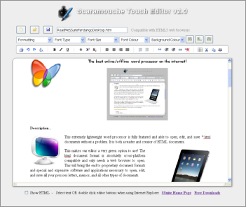 Screenshot of SSuite Office Scaramouche Touch Text Editor. Updated for the latest Desktop, Laptop, Mobile devices, iPads, Android tablets, and Surface Pro tablets.
