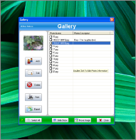 Screenshot Two of SSuite Photo Gallery. The interface of SSuite Photo Gallery Portable is simplistic and intuitive. You can create a new album by specifying its name and description, as well as edit the existing ones. Images files (in the JPG or BMP format) can be imported into album by using the file browser. Batch selection is permitted through the Open File dialog box. You can view, rotate and copy pictures, write comments and edit their filenames, as well as move images and play a slideshow after setting the duration of each picture on the screen.