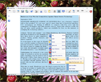 This writer�s tool has just enough functionality to start you on writing that important novel, short-story or article, without any bells and whistles to distract you. Get writing from the first moment you start the application. It has all the important functions and text formatting needed to get you busy. It also has custom page settings for easier viewing of your document. Keep the cursor at eye level for best focus and writing. Conforms to a full page size for best viewing of script. Full statistics are visible on the status bar, keeping you abreast of your text document as you type. There is also no java or .Net required to run this application, keeping it very small and portable and very useful. It has all the necessary editing short-cut keys for power users. See the blue question mark for more info{F1-key}.